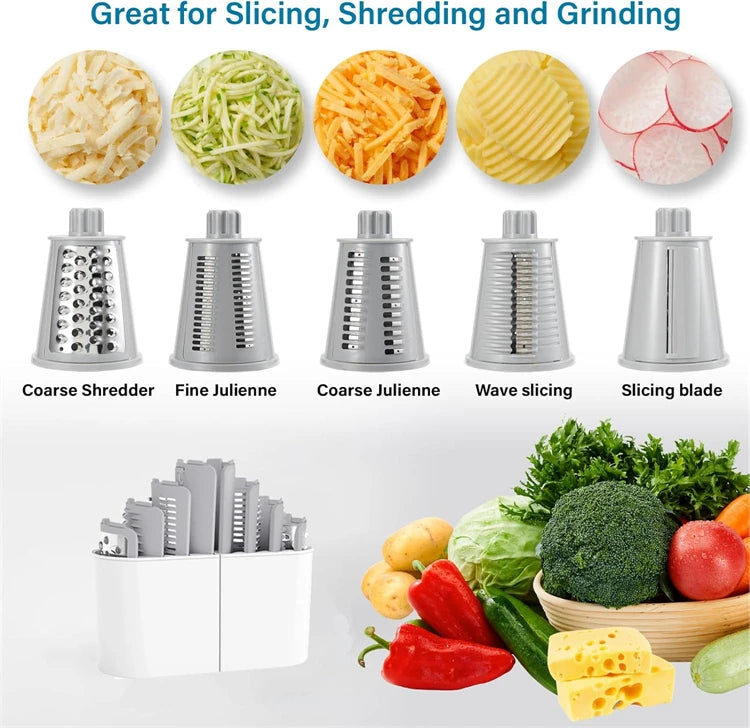 LMETJMA 5 in 1 Rotary Cheese Grater Shredder Kitchen Mandoline Vegetable Julienne Slicer Waffle Cutter Nut Chopper JT247