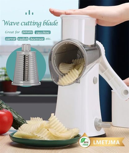 LMETJMA 5 in 1 Rotary Cheese Grater Shredder Kitchen Mandoline Vegetable Julienne Slicer Waffle Cutter Nut Chopper JT247