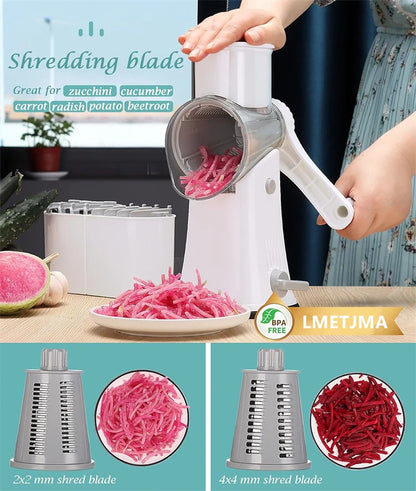 LMETJMA 5 in 1 Rotary Cheese Grater Shredder Kitchen Mandoline Vegetable Julienne Slicer Waffle Cutter Nut Chopper JT247